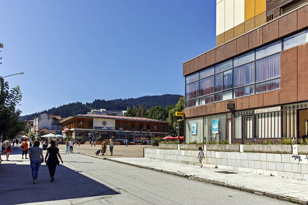 CHEPELARE, BULGARIA - AUGUST 14, 2018: Building and Streets at the Center of Bulgarian ski resort Chepelare, Smolyan Region, Bulgaria
