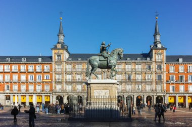 Madrid, İspanya - 22 Ocak 2018: Panoramik Plaza Mayor Madrid, İspanya şehir