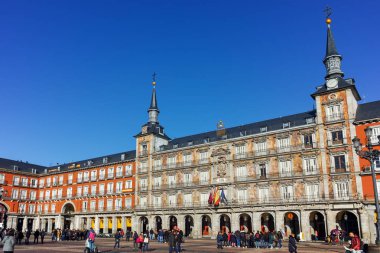 Madrid, İspanya - 22 Ocak 2018: Panoramik Plaza Mayor Madrid, İspanya şehir