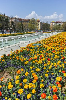 Sofya, Bulgaristan -14 Nisan 2018: Sofya'da Çiçek Bahçesi ve Ulusal Kültür Sarayı'nın muhteşem manzarası, Bulgaristan