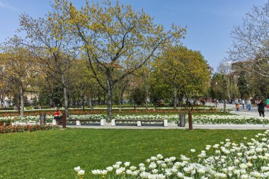 Sofya, Bulgaristan -14 Nisan 2018: Sofya'da Çiçek Bahçesi ve Ulusal Kültür Sarayı'nın muhteşem manzarası, Bulgaristan