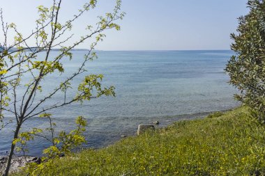Nea Poteidaia, Yunanistan-31 Mart 2019: Nea Poteidaia kasabasında, Kassandra, Chalkidiki, Orta Makedonya, Yunanistan 'da denizde antik tahkimat Harabeleri