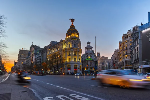 Madrid España Enero 2018 Vista Atardecer Del Edificio Gran Vía —  Fotos de Stock