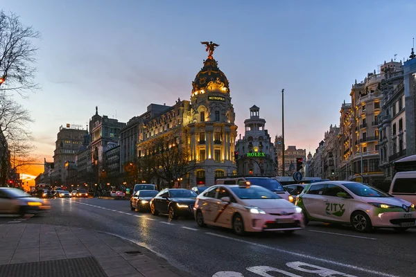 Madrid España Enero 2018 Vista Atardecer Del Edificio Gran Vía —  Fotos de Stock