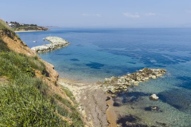 Nea Fokea kasabası sahil şeridi, Kassandra, Chalkidiki, Orta Makedonya, Yunanistan