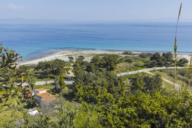 Afytos şehrinin panoramik manzarası, Chalkidiki, Yunanistan