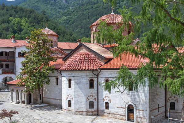 BACHKOVO MONASTERY, BULGARIA - JULY 16, 2020: Medieval Buildings in Bachkovo Monastery Dormition of the Mother of God, Bulgaria