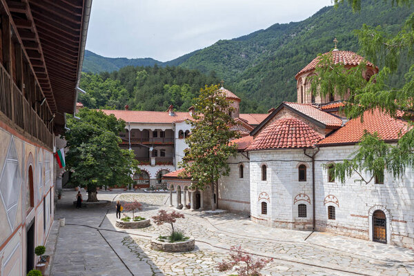 BACHKOVO MONASTERY, BULGARIA - JULY 16, 2020: Medieval Buildings in Bachkovo Monastery Dormition of the Mother of God, Bulgaria