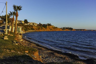 Nea Poteidaia kasabası kıyı şeridi, Kassandra, Chalkidiki, Orta Makedonya, Yunanistan