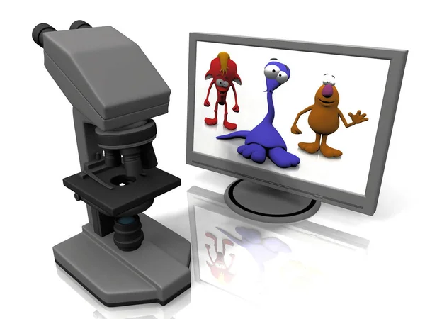 Illustration Numérique Microscope Écran Ordinateur Avec Des Bactéries — Photo