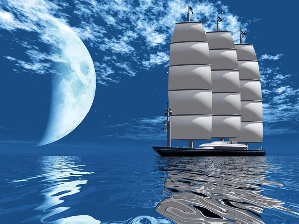 Segelboot Und Mond Auf Dem Wasser — Stockfoto