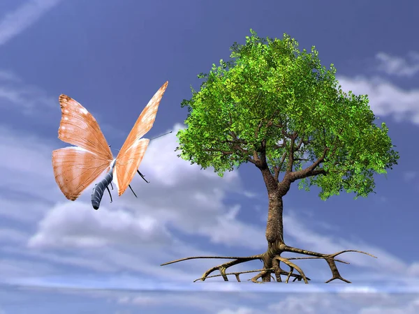 Grüner Baum Und Schmetterling — Stockfoto