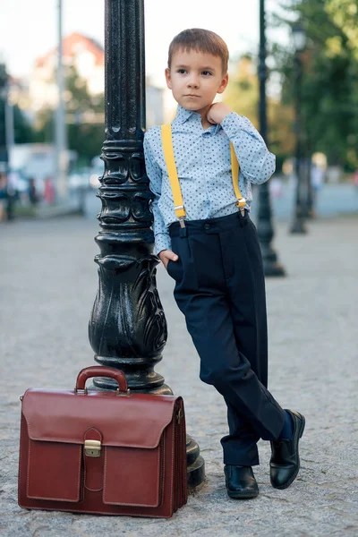 Boy posing on pedestrian street with bown briefcase — Stock Photo, Image