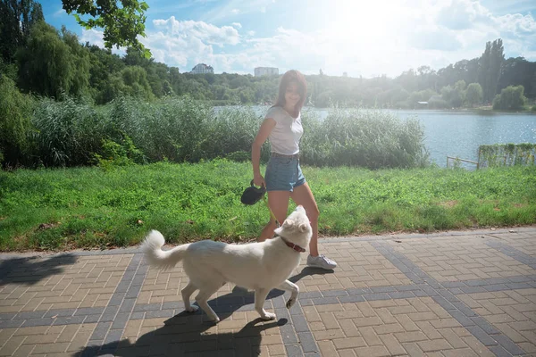 Όμορφη νεαρή γυναίκα το περπάτημα σε εξωτερικούς χώρους με το αξιολάτρευτο σκυλάκι — Φωτογραφία Αρχείου