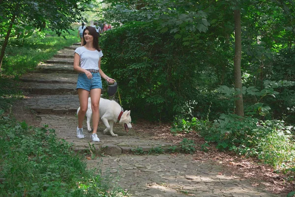 Ξέγνοιαστες Νεαρή Γυναίκα Αναρρίχηση Σκάλες Περπάτημα Σκυλί Κατοικίδιων Ζώων Σας — Φωτογραφία Αρχείου
