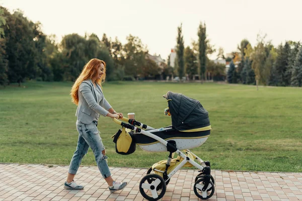 若い母親は 彼の赤ちゃんのトロリーでリラックスした彼女の小さな子供と公園の散歩を楽しんで — ストック写真