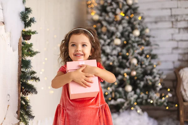 Menina alegre está abraçando presente de Natal na árvore de Natal — Fotografia de Stock