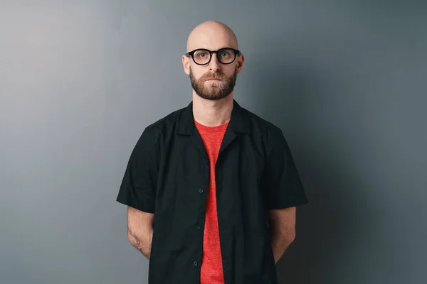 Confident Stylish Young Bearded Man Wearing Glasses Black Frame Posing — Stock Photo, Image