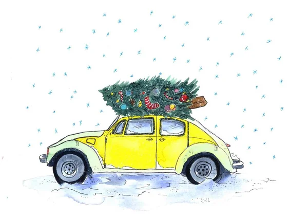 Acquerello Anno nuovo e biglietto di Natale. Auto con albero di Natale su sfondo bianco — Foto Stock