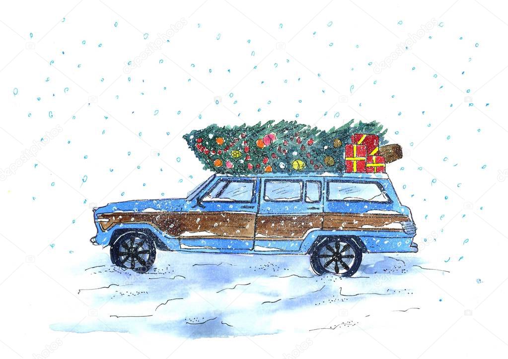 Watercolor New Year and Christmas card car with Christmas tree on a white background