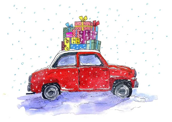 Acquerello Anno Nuovo Biglietto Natale Auto Con Regalo Natale Sfondo — Foto Stock