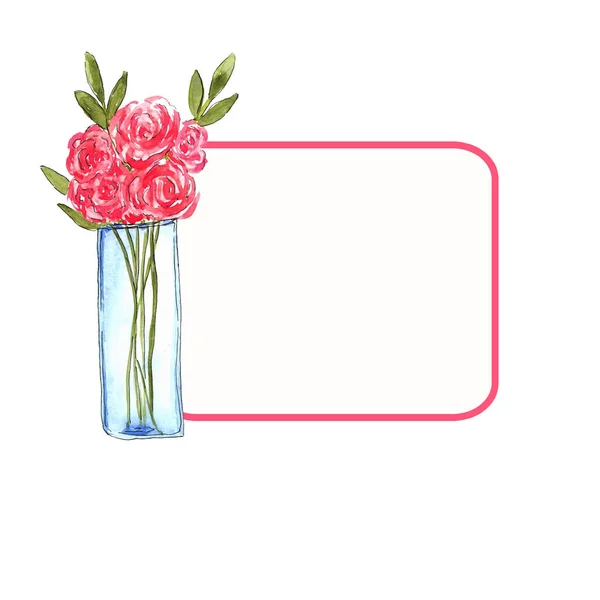 Conception de cadre de fleur dans un vase.Aquarelle bannière peinte à la main avec des feuilles vertes. Fleurs de printemps ou d'été pour invitation, mariage ou cartes de vœux . — Photo
