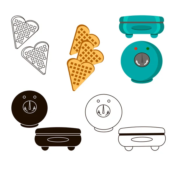 Pon waffles de hierro. Ilustración vectorial de aparatos de cocina . — Vector de stock