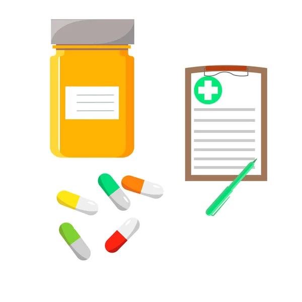Medisch thema - pillen en recept.. Pillen en tabletten. Vectorillustratie. — Stockvector