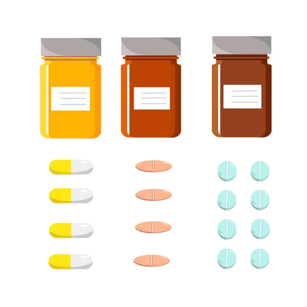 Botella con pastillas, tubos de ensayo de plástico con tapas, ampollas. Aislado sobre un fondo blanco . — Archivo Imágenes Vectoriales