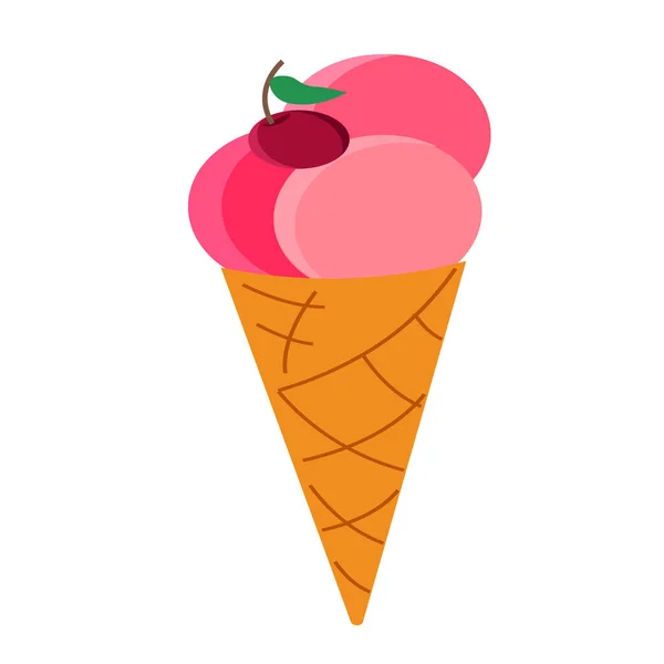 Cono Helado Cereza Ilustración Vectorial Sobre Fondo Blanco Dibujo Verano — Archivo Imágenes Vectoriales