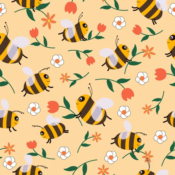 Mönster med bin och blommor. Vektoruttunning. — Stock vektor