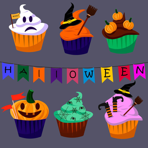 Halloween cupcakes. Set for the holiday. Vector illustration.
