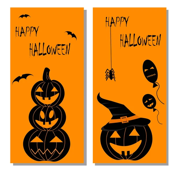 Flyer d'Halloween. Illustration vectorielle sur fond orange avec citrouilles et chauves-souris. — Image vectorielle