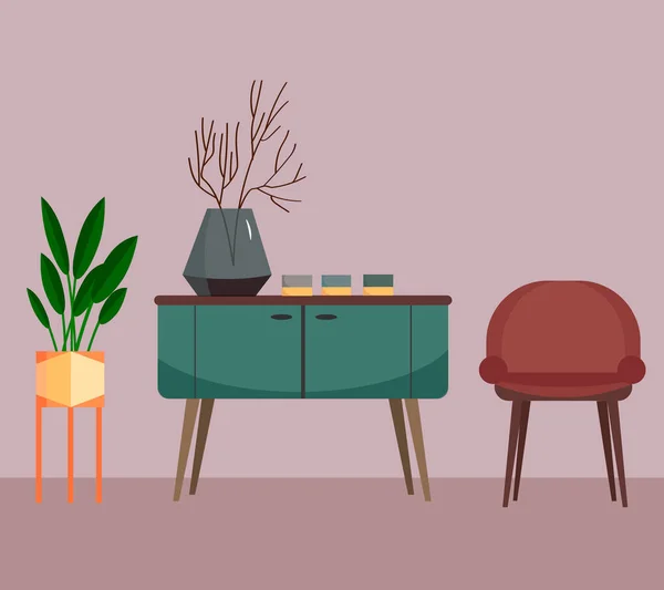 Interno del soggiorno con un armadio, un fiore e una sedia.Illustrazione vettoriale in stile piatto. — Vettoriale Stock