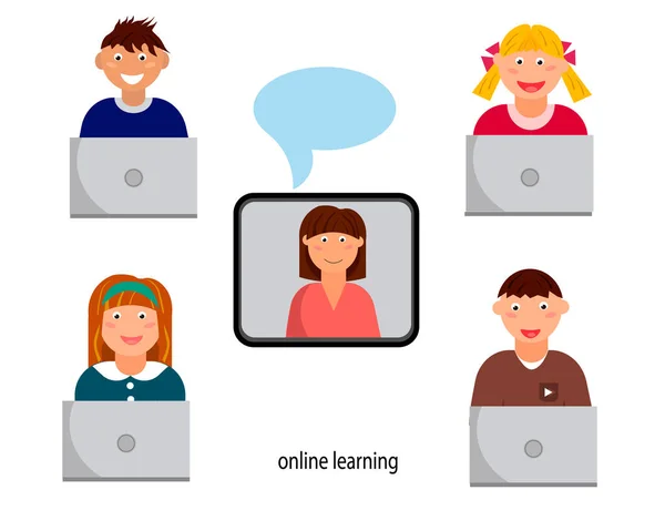 Online education for children, distance education, training and courses. Vector illustration.