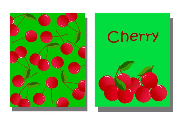 Un juego de dos postales con cerezas sobre un fondo verde. Ilustración vectorial . — Archivo Imágenes Vectoriales