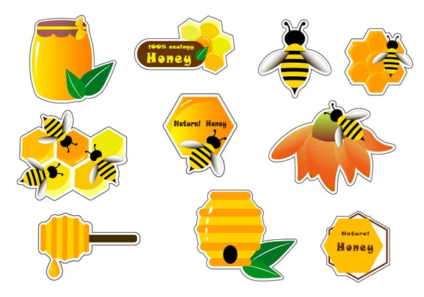 Sticker mit Honig und Bienen. Vektorillustration. — Stockvektor