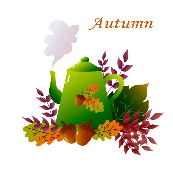 Green teapot with autumn leaves. Autumn vector illustration. — Stock Vector