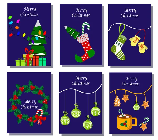 Different attributes of the holiday. Template set of six cards Merry Christmas and Happy New Year. — Stock Vector