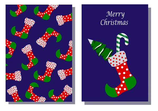 Calcetín de Navidad y bastón con un árbol de Navidad. Conjunto de dos tarjetas plantilla de navidad feliz. — Vector de stock