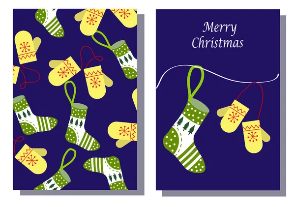 Weihnachtssocken und Fäustlinge. Vorlagen-Set von zwei Postkarten. — Stockvektor