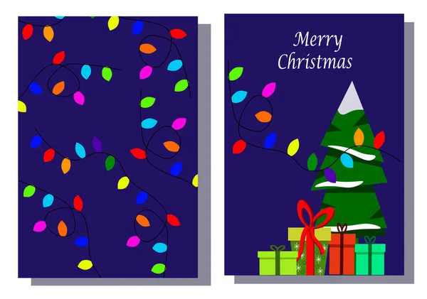 Garland of multi-colored light bulbs, Christmas tree and gifts. Template set of two cards. — Stock Vector