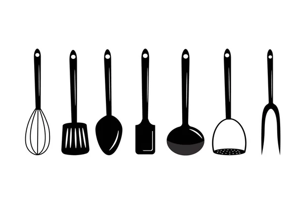 Set monocromatico di vari utensili da cucina. Illustrazione vettoriale. — Vettoriale Stock