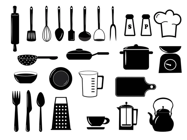 Set con utensili da cucina. Illustrazione vettoriale monocromatica. — Vettoriale Stock