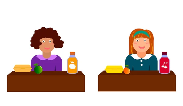 Zwei Mädchen frühstücken aus Lunchboxen. — Stockvektor