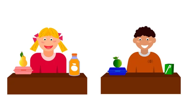Schulessen in der Brotdose. Junge und Mädchen essen Mittagessen. — Stockvektor