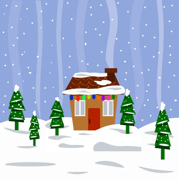 Paisagem de inverno com uma casa e abetos. — Vetor de Stock