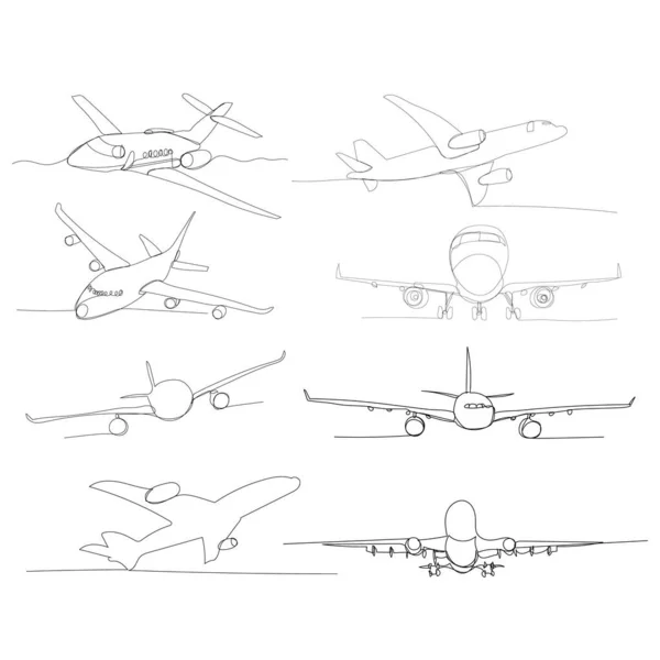 Białe Tło Rysunek Samolotu Jednej Linii Ciągłej Zestaw — Wektor stockowy