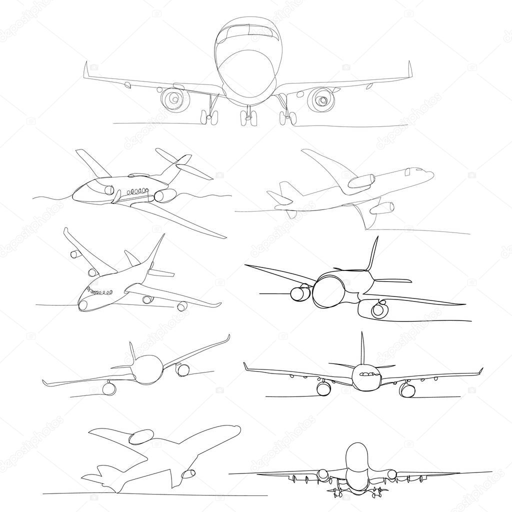 white background, airplane drawing in one continuous line, set