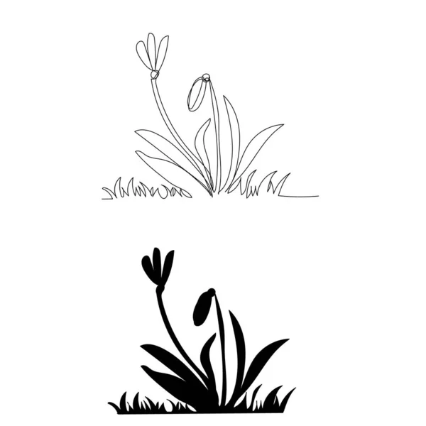 Fundo Branco Desenho Linha Contínua Uma Flor Com Grama —  Vetores de Stock